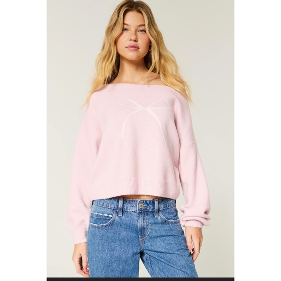 Hollister Pink Bow Cropped Sweater Women's XL Off Shoulder Cozy Holiday Knit - Picture 1 of 4
